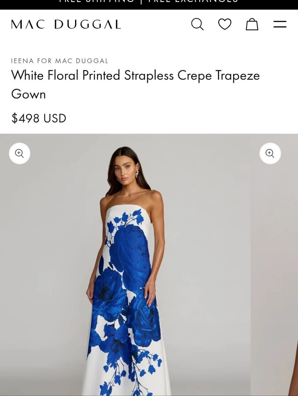 IEENA for Mac Duggal White Blue Floral Strapless Crepe Gown S
